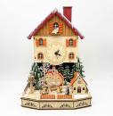 Boîte à musique de Noël en bois sans animation en forme d'horloge alpine avec éclairages et scène de village campagnard