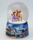 Boule à neige musicale de Noël animée avec globe en verre et scène avec enfant et chien déguisé
