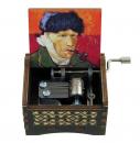 Boîte à musique à manivelle en bois sculpté et gravé avec dessin sur le thème de Vincent van Gogh (autoportrait)