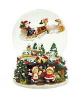 Boules à neige musicales de Noël disponibles sur commande (nous contacter) Boule à neige musicale de Noël avec globe en verre, socle en polystone et scène de Père Noël dans son traineau