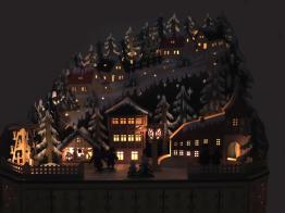 Boîtes à musique de Noël Calendrier musical de l'Avent en bois avec scène supérieure montagnarde avec sapins, maisons et église