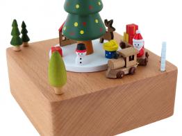 Boîtes à musique animées haut de gamme en bois Boîte à musique animée en bois massif avec train circulant autour d'un grand sapin - We wish you a merry Christmas