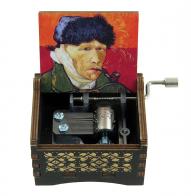 Boîtes à musique à manivelle en bois Boîte à musique à manivelle en bois sculpté et gravé avec dessin sur le thème de Vincent van Gogh (autoportrait)