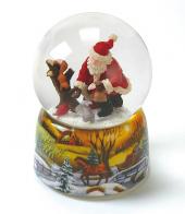 Boules à neige musicales de Noël disponibles sur commande (nous contacter) Boule à neige musicale animée de Noël avec globe en verre et Père Noël nourrissant des petits animaux