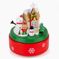 Boîtes à musique animées haut de gamme en bois Boîte à musique animée de Noël en bois "Famille de bonhommes de neige" - Santa Claus is coming to town