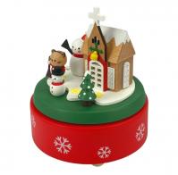 Boîtes à musique animées haut de gamme en bois Boîte à musique animée de Noël en bois "Famille de bonhommes de neige" - Santa Claus is coming to town