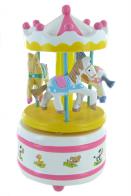 Carrousels musicaux miniatures en bois Carrousel musical miniature en bois : carrousel musical rose et blanc avec trois chevaux