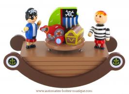 Boîtes à musique avec personnages Boîte à musique animée en bois en forme de bascule : boîte à musique "Deux petits pirates avec coffre au trésor"