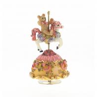 Animaux automates musicaux Cheval musical miniature en polystone : cheval automate musical rose tournant avec un ours sur son dos