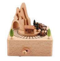 Boîtes à musique animées haut de gamme en bois Boîte à musique animée en bois massif pour enfant: boîte à musique "Le train dans la montagne"