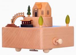 Boîtes à musique animées haut de gamme en bois Boîte à musique animée en bois massif pour enfant: boîte à musique "Bateau autour de la maison"