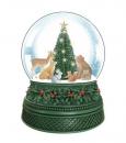 Boule à neige musicale de Noël avec globe en verre, neige et animaux regroupés autour d'un sapin de Noël