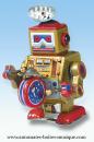 Jouet mécanique en métal, tôle et fer blanc : jouet mécanique mini robot avec tambour rouge