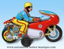 Jouet mécanique en métal, tôle et fer blanc : jouet mécanique moto avec personnage