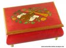 Boîte à bijoux musicale en bois marqueté : boîte à bijoux rouge avec instruments de musique