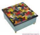 Boîte à bijoux musicale en bois de 18 lames avec marqueterie de motifs colorés : boîte à bijoux carrée "3D"